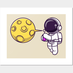 Cute Astronaut Blowing Moon Bubble Balloon Cartoon Posters and Art